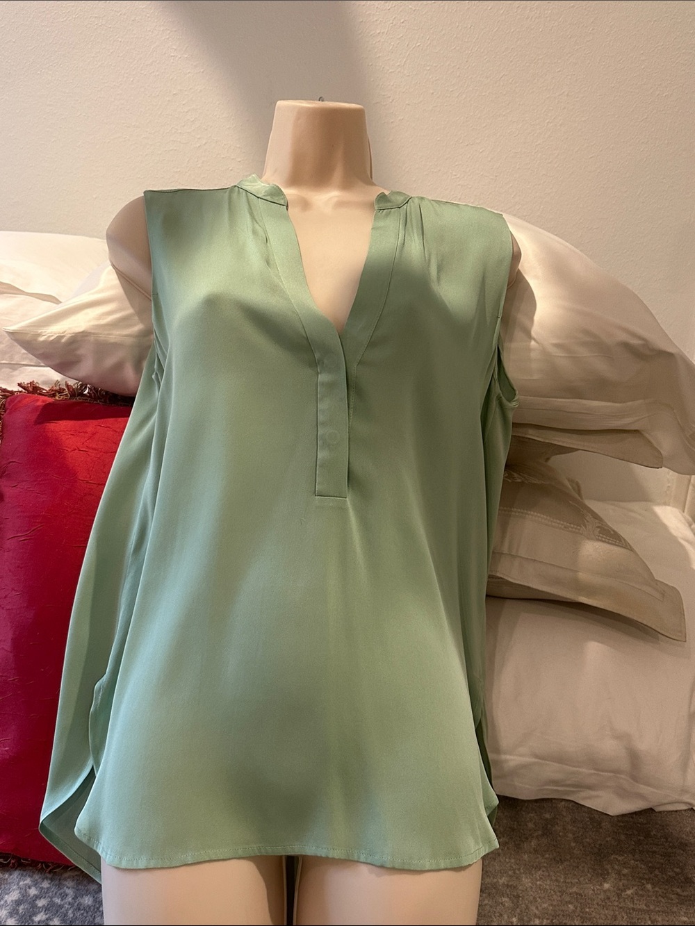 Vince Sage Green Silk Sleeveless V-Neck Blouse